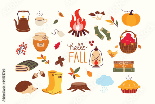 Autumn bundle of cute and cozy design elements. Set contains fall leaves, pumpkin, kettle, rubber boots, rainy cloud, hedgehog, books, pie, basket full of apples, jam jar, cozy socks, tea bag, bonfire