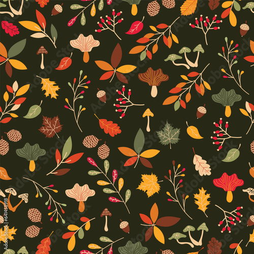 Vector colorful autumn seamless pattern with fall leaves and mushrooms. Fall in forest vector illustration.