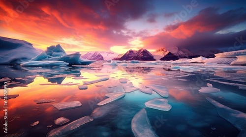 polar landscape at sunset, with the sky aglow in a kaleidoscope of reds, oranges, and pinks, reflecting off the icy mountains and glaciers, showcasing the sublime beauty of nature's vivid canvas. © pvl0707