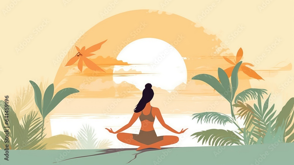 A woman meditates in nature and leaves. Conceptual illustration of yoga, meditation, relaxation, healthy lifestyle. flat style illustration