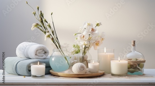 Spa composition in light colors with a carefully thought-out arrangement of bath bombs, brushes and towels. Added elements of aromatherapy to create a soothing atmosphere.