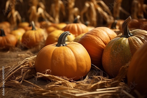 Pumpkin on a sunny autumn day. Harvest of large pumpkins. Colorful pumpkin background. Selective focus.