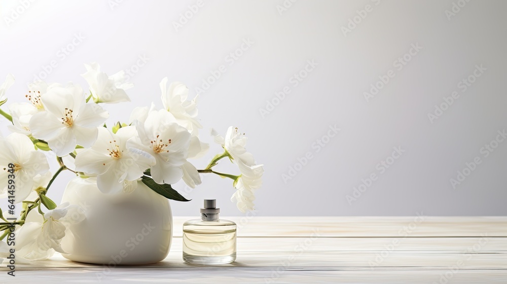 a captivating composition of jasmine essential oil and fresh flowers, thoughtfully placed on a white wooden tabletop. The open space in the image invites the addition of text or messages. a captivating composition of jasmine essential oil and fresh flowers, thoughtfully placed on a white wooden tabletop. The open space in the image invites the addition of text or messages.