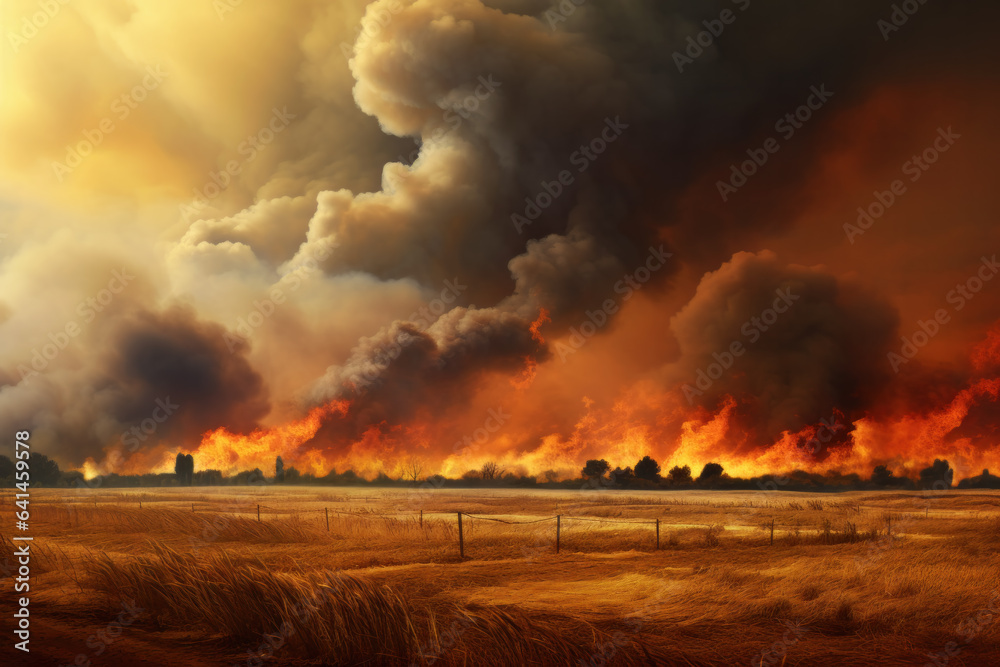 Wildfire destroying fields of crops, the horizon lit with dramatic flames and clouds of smoke