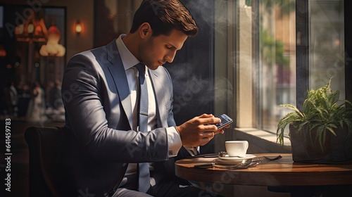 a businessman in a refined environment, glancing at his wristwatch while enjoying a coffee and having his cellphone nearby, symbolizing a productive journey.