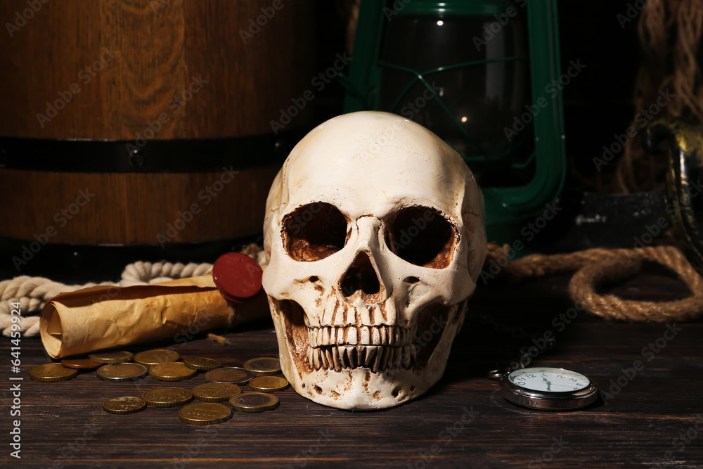Human skull with sword, pocket watch, oil lamp and coins on brown wooden background Human skull with sword, pocket watch, oil lamp and coins on brown wooden background