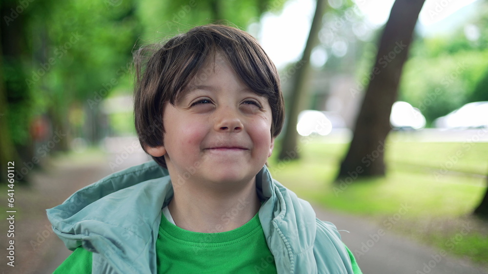 Portrait of a cute little boy standing outside at park smiling at camera and playing with hoodie jacket. Adorable expression Portrait of a cute little boy standing outside at park smiling at camera and playing with hoodie jacket. Adorable expression