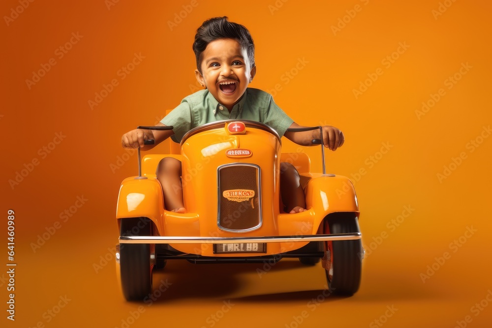 Smiling boy in a pedal car. Generative AI Smiling boy in a pedal car. Generative AI