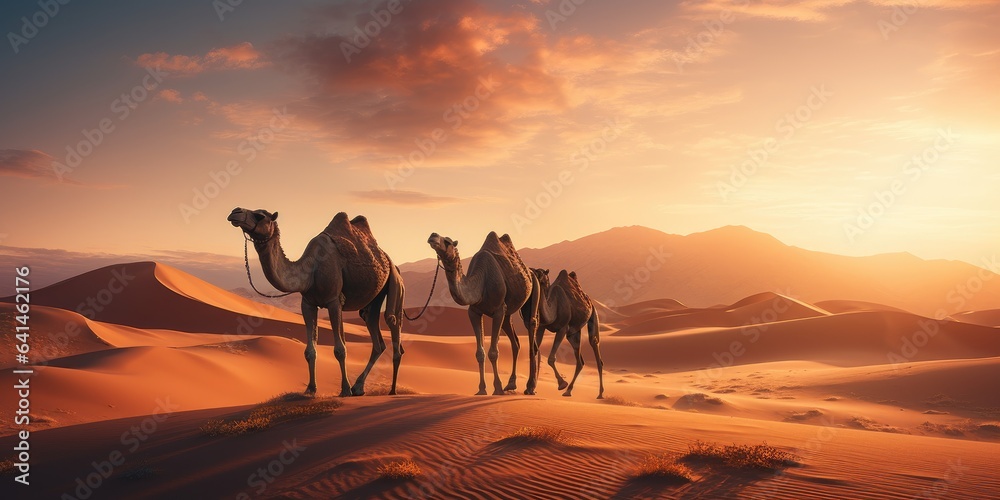 Camels in the dunes of the desert, sunset the desert, nature and travel theme.Generative AI - obrazy, fototapety, plakaty 
