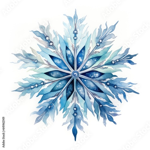 Gorgeous snowflake on white background in watercolor technique. Generative AI