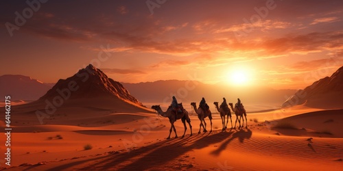 Camels in the dunes of the desert, sunset the desert, nature and travel theme.Generative AI