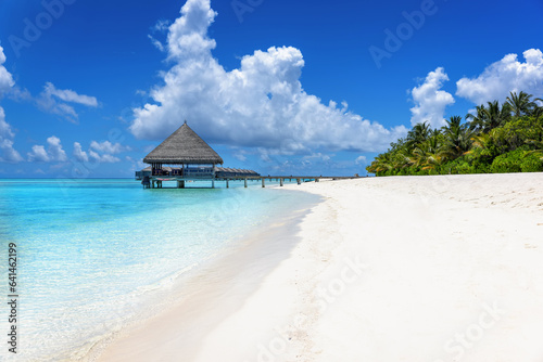 A tropical beach with turquoise sea, Palm trees and water lodges over the ocean in the Maldives islands without people