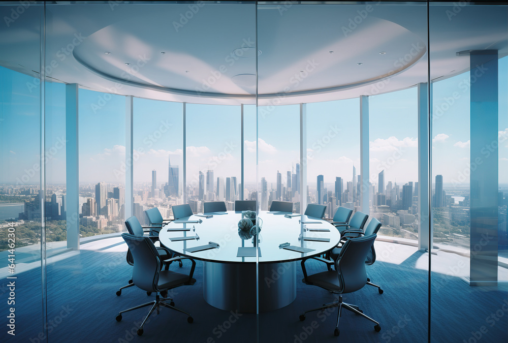 Fototapeta premium Modern office meeting room interior with glass windows. Created with Generative AI