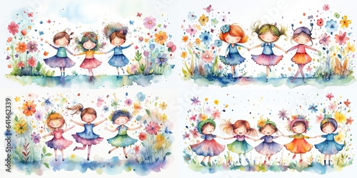 watercolor painting style illustration of cute happy fairy angel play together in spring flower blossom garden, generative Ai