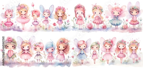 watercolor painting style illustration of cute happy fairy angel play together, generative Ai