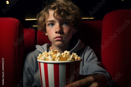 Serious scared Caucasian European teenager boy male pupil schoolboy teen guy son child holding popcorn horror watching movie snack sit in empty cinema hall sitting alone watch film tv holiday weekend photo