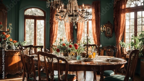 Showcasing a vintage-style dining room with a wooden dining table, ornate chairs, and an antique chandelier.