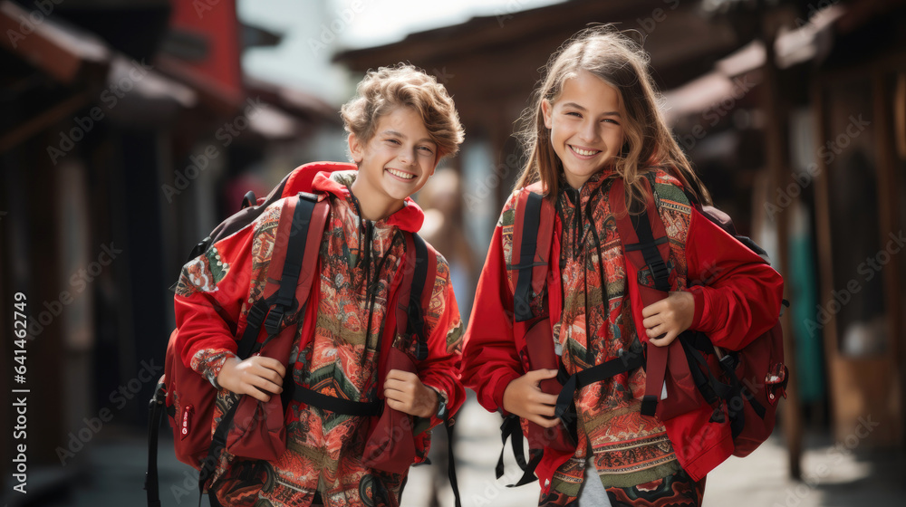 Girl and boy going to the school to study at it. Generative AI