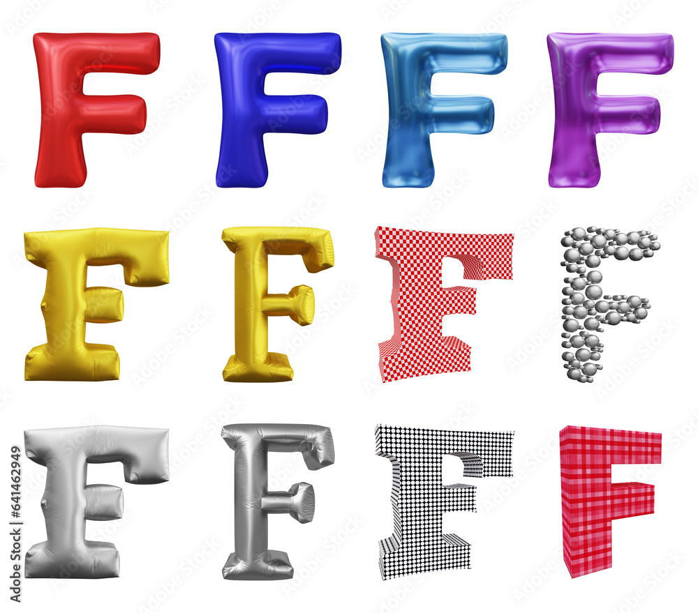 Set of alphabet letter f in 3d rendering isolated on transparent background for education and text concept Set of alphabet letter f in 3d rendering isolated on transparent background for education and text concept