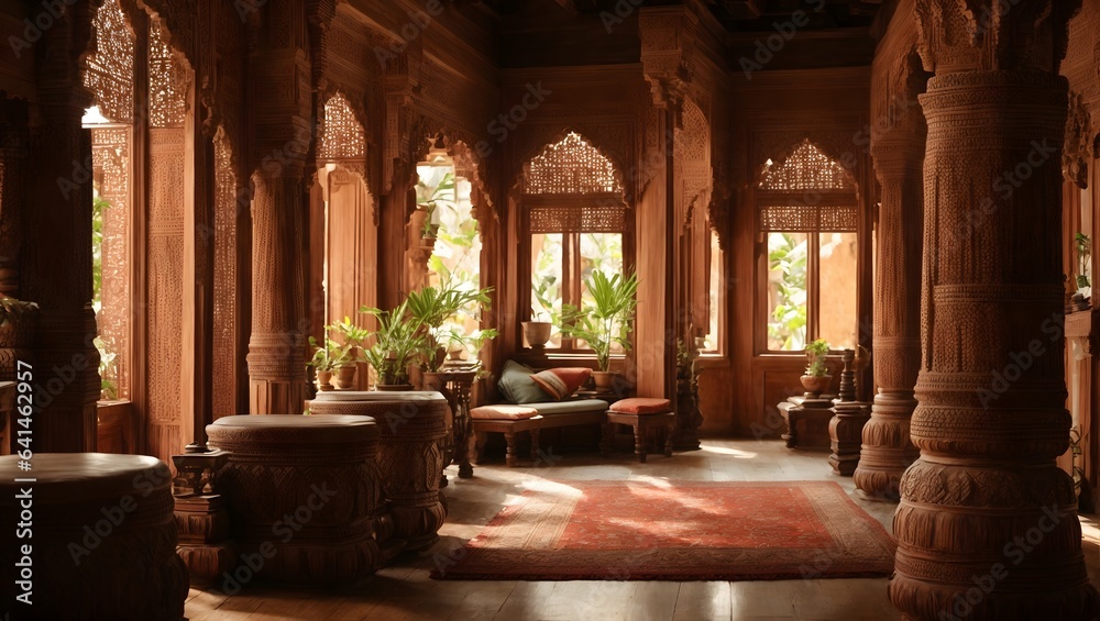 Vintage interior inspired by South Indian design, featuring carved wooden pillars, traditional artwork, and earthy tones.