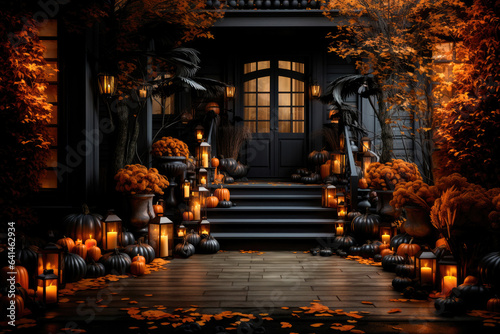 Porch of the house  decorated with lamps. and pumpkins for Halloween