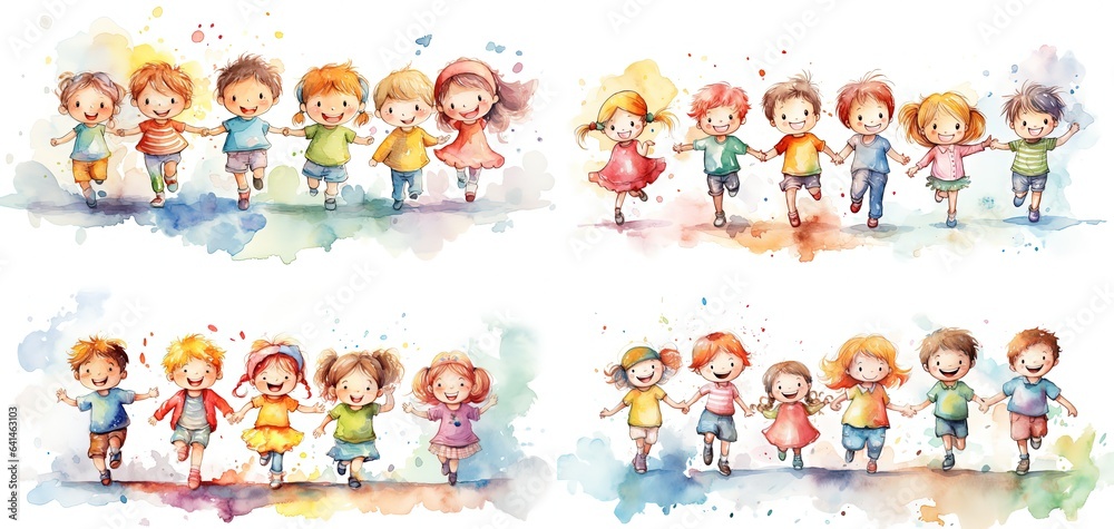 watercolor style illustration of cute cartoon  kids play together, Generative Ai - obrazy, fototapety, plakaty 