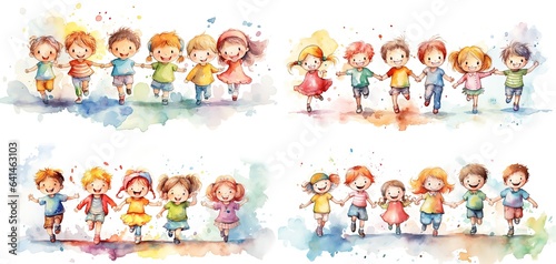 watercolor style illustration of cute cartoon  kids play together, Generative Ai