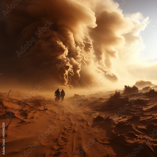  Sandstorm, sand is blown away by a strong wind. Concept: evacuation of people in transport from the danger zone. A natural phenomenon