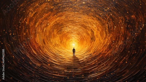 Concept tunnel of light in near death experience, soul finding their ascension, astral trip, astral projection, people going through the portal of karma, death and birth. Spirituality, esoteric.