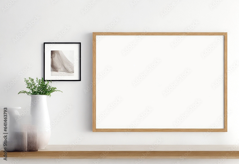 Blank Wooden Picture Frame Mockup On Wall In Modern Interior. Horizontal Artwork Template Mock-Up For Artwork, Painting, Photo Or Poster In Interior Design Blank Wooden Picture Frame Mockup On Wall In Modern Interior. Horizontal Artwork Template Mock-Up For Artwork, Painting, Photo Or Poster In Interior Design