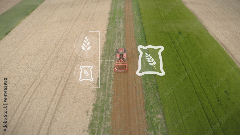 Obraz premium Smart Agriculture Futuristic Digital Farming. Harvester Working on Field Counting and Checking The Crops Growing Efficiency With AI Data Analysis Icons. Computerized Eco Sustainable Harvesting