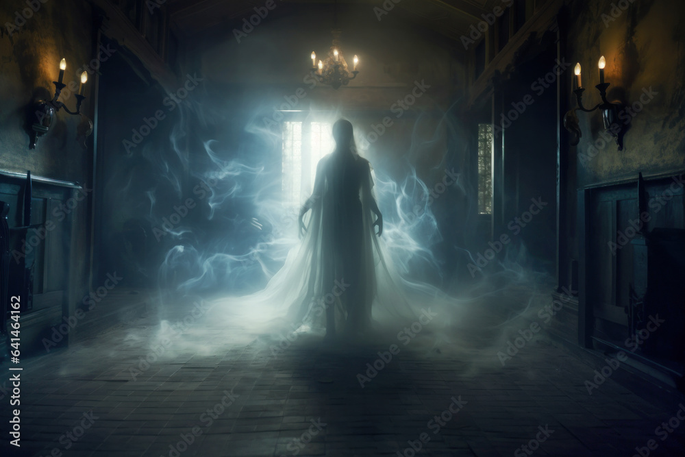Ghostly apparition of a woman in white, haunting the forgotten chambers of a abandoned manor
