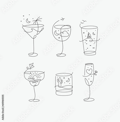 Obraz na płótnie Cocktail glasses vacation holiday theme in line style drawing on grey background w salonie