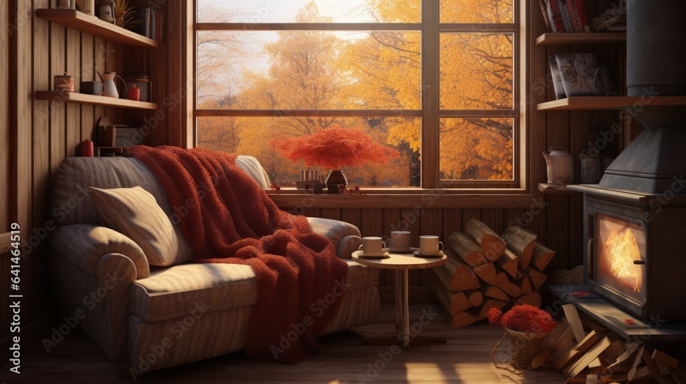 A cozy living room with a fireplace, perfect for embracing the warm and inviting ambiance of the autumn season - obrazy, fototapety, plakaty 