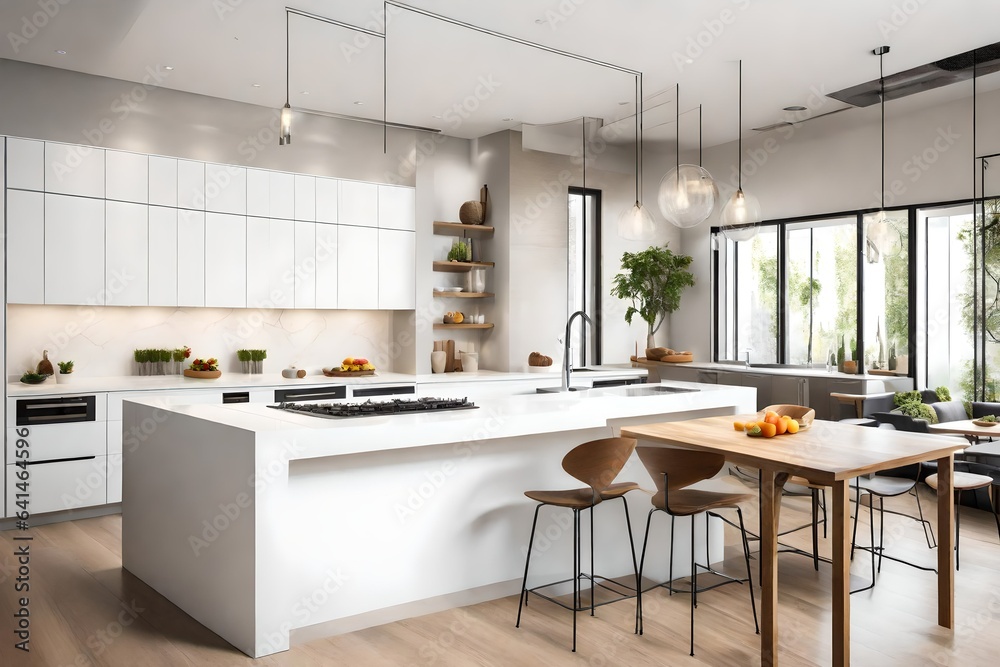 An open-concept kitchen with a white canvas frame for a mockup above the breakfast bar, enhancing the room's inviting atmosphere.
