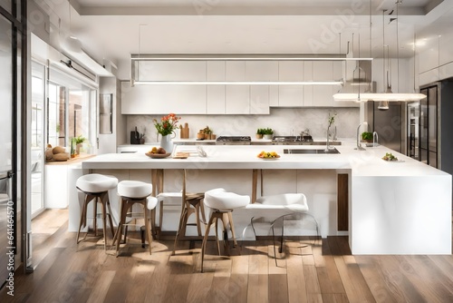 An open-concept kitchen with a white canvas frame for a mockup above the breakfast bar  enhancing the room s inviting atmosphere. 