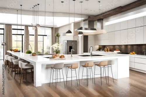An open-concept kitchen with a white canvas frame for a mockup above the breakfast bar, enhancing the room's inviting atmosphere. 