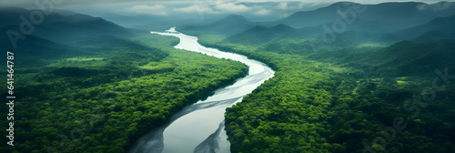 Wide Shot of The Amazon River Flowing Through Pristine Mountainous Rainforest
