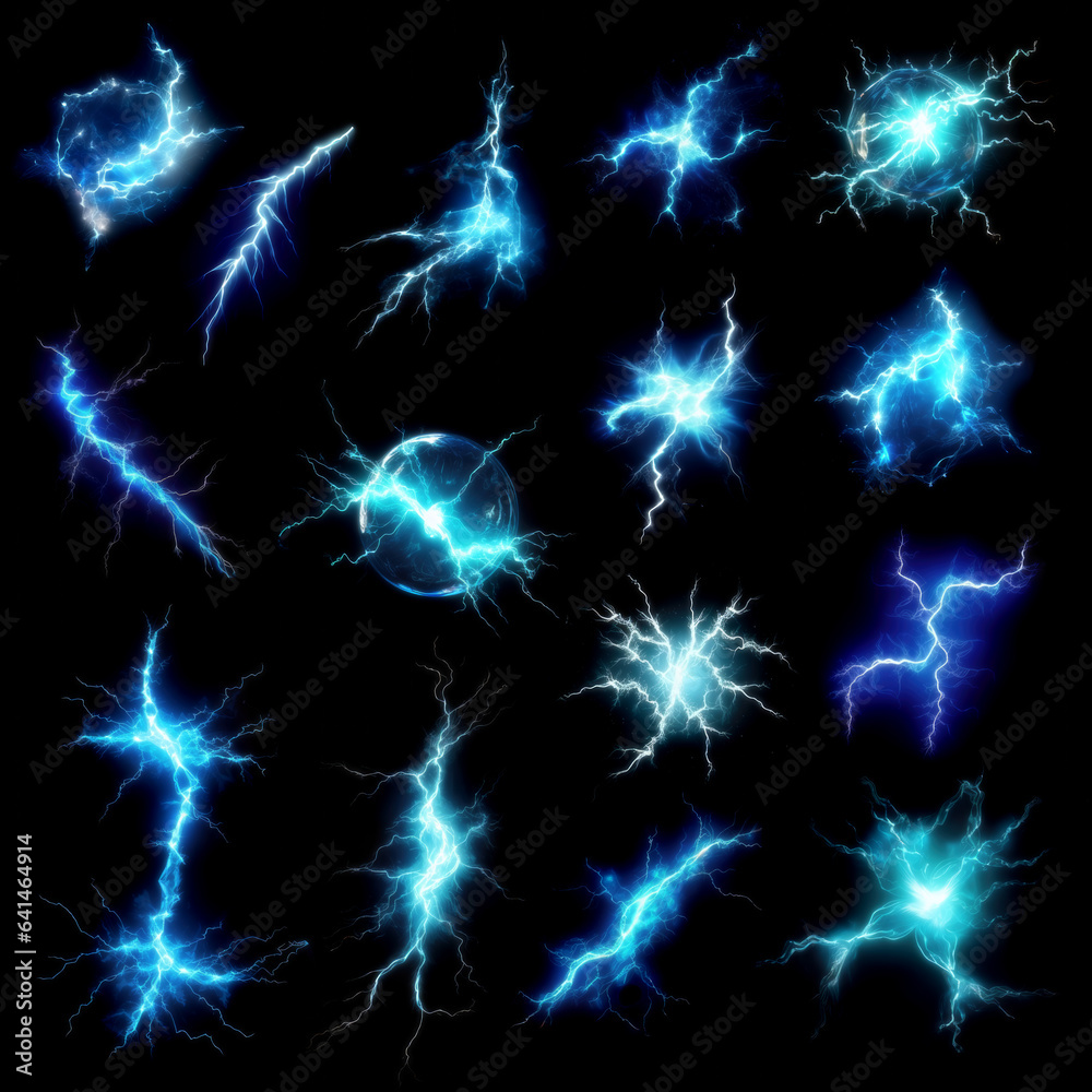 Collection of blue magic lightning spells, isolated on a black background Collection of blue magic lightning spells, isolated on a black background