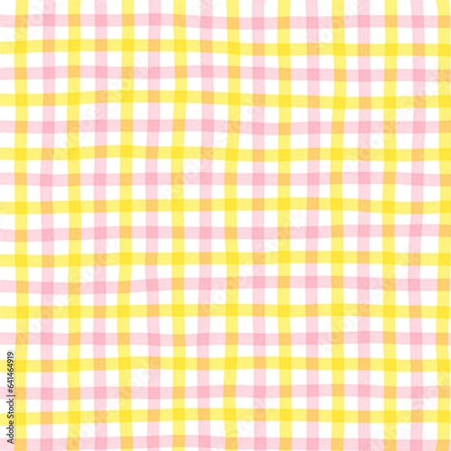Pink Yellow Gingham Check Hand Drawn Background