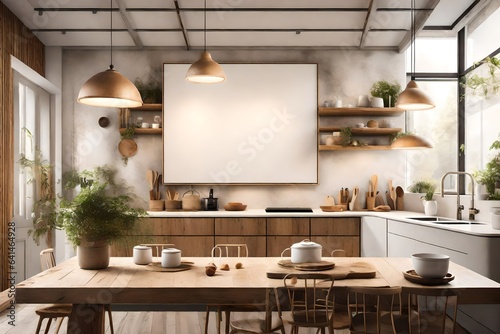 A cozy kitchen with soft lighting and natural textures, showcasing a white empty canvas frame for a mockup as a unique decor element. 