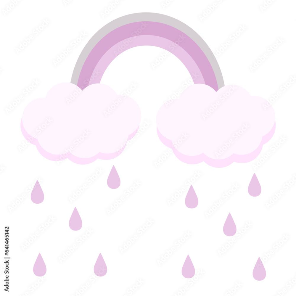 cute pink rainbow with clouds and rain on white background