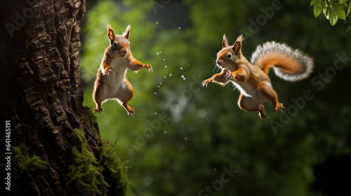 Two squirrels playfully leaping among the colorful autumn leaves © Artur