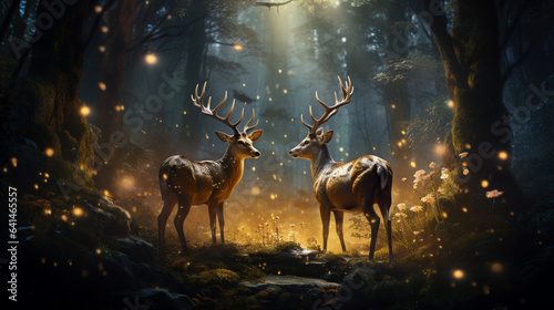 a deer couple standing in the forest with a glowing light, in the style of romantic illustrations, mixes realistic and fantastical elements. © alex