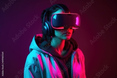 Girl in virtual reality glasses. neon light. metaverse. virtual world.