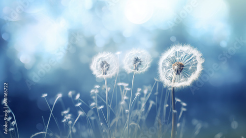 dandelions in the wind with seeds scattering on a blue background