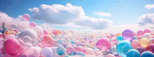 Fotografiet colorful balloons in the sky background, in the style of surreal 3d landscapes,