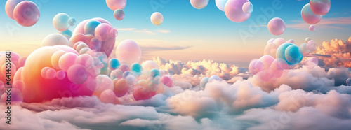 colorful balloons in the sky background, in the style of surreal 3d landscapes, pink and aquamarine