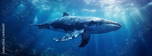 a humpback whale in the blue ocean, in the style of monochrome landscapes © alex