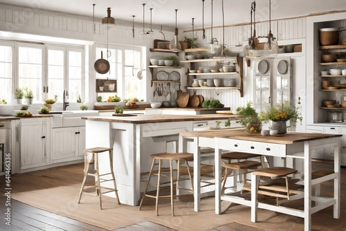 A farmhouse-style kitchen with vintage charm, where a white canvas frame brings a contemporary twist. 